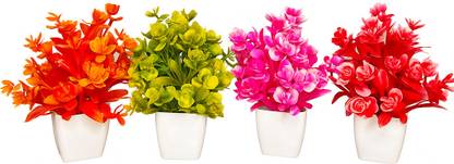 Leafy Touch Set of 4 Artificial Potted Plants for Home, Office, Bathroom Decorations Bonsai Wild Artificial Plant  with Pot