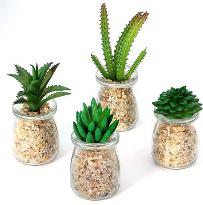 ABOUT SPACE 4 Mini Glass Planter - Succulent Plants with Glass Pot Display Artificial Plant  with Pot