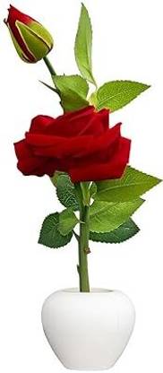 ETERNAGREENS Artificial Red Rose in White Ceramic Vase Bonsai Wild Artificial Plant  with Pot
