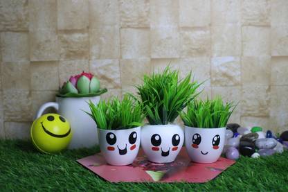 beecraft Fake Pot Smiley Green Grass Artificial Plants for Home Decor Workplace Interior Bonsai Artificial Plant  with Pot