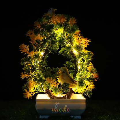 MODO Bonsoi Tree with Sparrow & LED Light for Home Office Décor & Gifting- Yellow Bonsai Wild Artificial Plant  with Pot