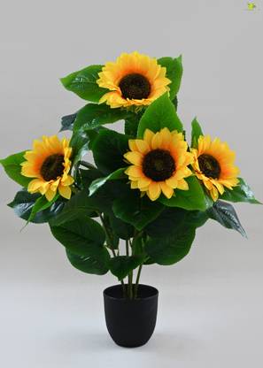 blooming floret Artificial Sunflower 4 Flower Heads Natural Looking | Dust-proof Yellow, Green Sunflower Artificial Flower  with Pot