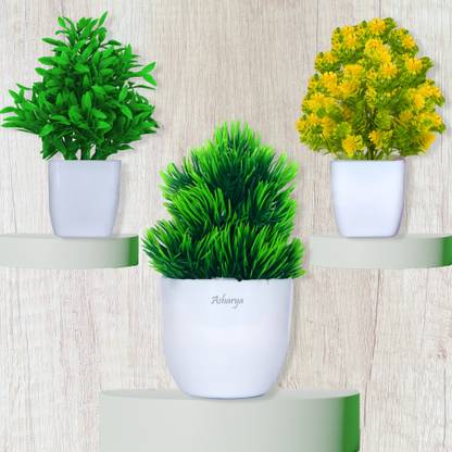 Asharya Set of 3 Unique Design Small Artificial Plants for home Office Desk Bathroom Bonsai Wild Artificial Plant  with Pot