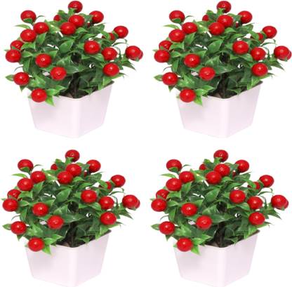 NERAPI Set of 4 Natural looking wild cherry plant with green leaf for home/office décor accent, Bonsai Artificial Plant  with Pot