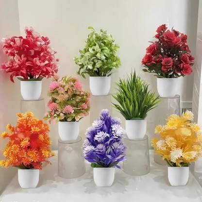 Ryme Set Of 8 Small Mini Artificial Plants With Pot/Vase Bonsai Wild Artificial Plant  with Pot