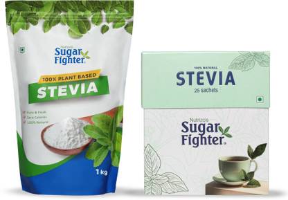 Nutrizo's Sugar Fighter Natural Sweetner Sugar Free Stevia Powder & 25 Sachets Free Combo Sweetener