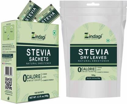 Zindagi Stevia White Powder Sachets (100 Sachets) & Stevia Dry Leaves (100gm) Sweetener