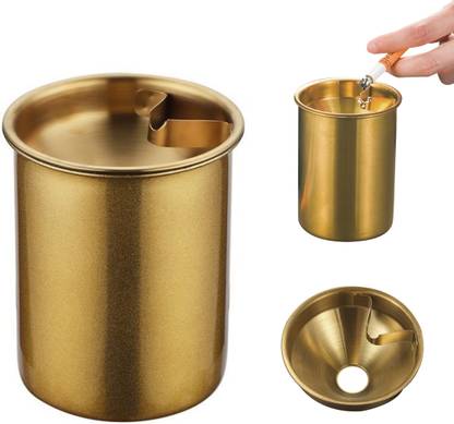 Zibuyu Golden Stainless Steel Portable Ashtray With Cigarette Holder Lid Yellow Stainless Steel Ashtray
