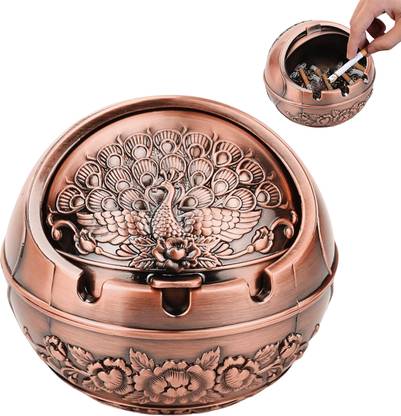Zibuyu Zinc Alloy Ashtray Peacock Design with Lid and Cigarette Holders Brown Copper Ashtray