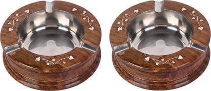 TORPPEZA Wooden Round Ashtray Brown, Silver Wood, Steel Ashtray (Pack of 2) Brown Wood Ashtray