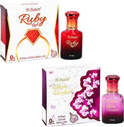 Al-Nuaim Ruby Red + White Orchid 9.9 ml Attar Roll-On | Original and Traditional Formulation | for Women and Men | Alcohol Free Attar, Vegan Fragrance | Pack of 2 Floral Attar