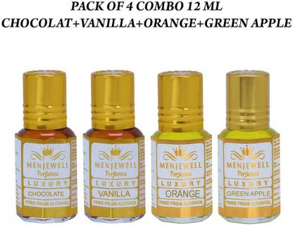 Menjewell Fragrances  Pack of 4Pc Attar (Juicy Orange 3ml, GreenAppleFruit 3ml,Vanilla 3ml,Chocolate 3ml )Natural Itra/Attar/ Perfume Floral Attar