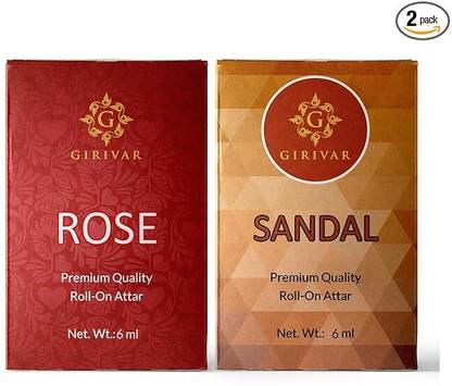 girivar Rose and Sandal Attar Combo Pack of 2 (2pc x 6ml) Long Lasting Attar/Etra/Ittar Herbal Attar