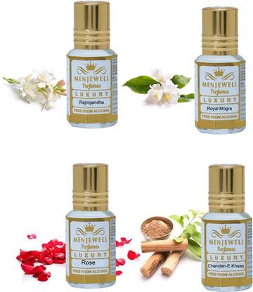 Menjewell Pack of 4Pc Attar (Rose Fresh 5ml, Chandan-E-Khaas 5ml,Royal Mogra 5ml,Rajnigandha (Night out) 5ml Natural Itra/Attar/ Perfume Floral Attar