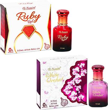 Al-Nuaim Ruby Red + White Orchid 9.9 ml Attar Roll-On | Original and Traditional Formulation | for Women and Men | Alcohol Free Attar, Vegan Fragrance | Pack of 2 Floral Attar
