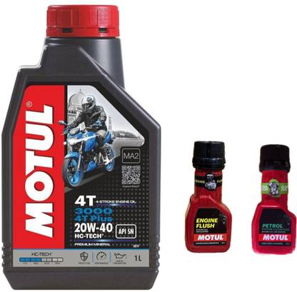 MOTUL 3000 4T PLUS 20W-40(1liter)+Engine flush(50ml)+Petrol system clean(50ml)combo Combo