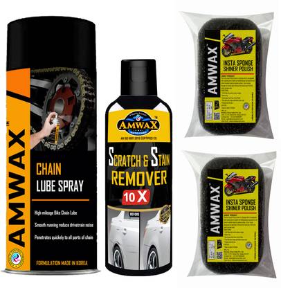 amwax CHAIN LUBE 150 ML, SCRATCH & STAIN REMOVER 120 ML, INSTA SHINE SPONGE POLISH 2 PCS Combo