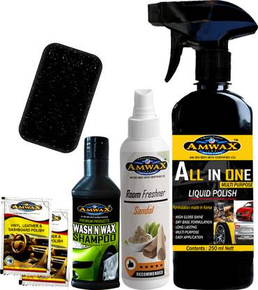 amwax ALL IN ONE POLISH, AIR FRESHNER, WASH N WAX SHAMPOO, DASHBOARD POLISH, APPLICATOR Combo