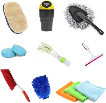 Kanya ?Dustbin, Wool Sponge, Mini Duster, 2 Pcs Magic Glass Cleaning Tablet, 3Pcs Microfiber Cloth 300 GSM 40x40 Cms , Wiper, Ac Brush, Carpet Brush, Gloves (12 Pcs Combo Pack) Combo