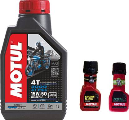 MOTUL 3000 4T PLUS 15W-50(1liter)+Engine flush(50ml)+Petrol system clean(50ml) Combo