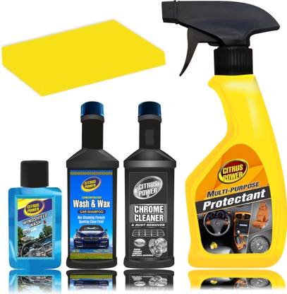CITRUS POWER Multi-Purpose 250ml, Wash & Wax 60ml, Chrome Cleaner 60ml, Windshield Cleaner 30ml Combo, Sponge Combo