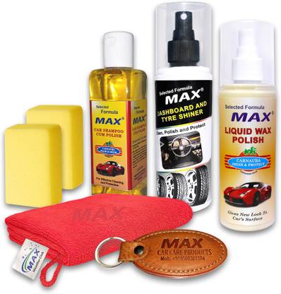 MAX Classic Car Wash & Wax Kit includes Dashboard & Tyre Shiner 200 ml, Liquid Wax Polish 200 ml, Car Shampoo 200 ml, Foam applicator - 2 Pcs, Microfiber Cloth - 1 Pc Combo
