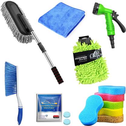 Kanya Car Cleaning Accessories Kit,Duster, 7In1 Water Spray Gun, Sponge, 2 Pcs Magic Glass Cleaner Tablet, Cloths, Hand Gloves, Brush Combo