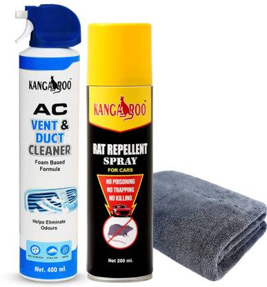 KANGAROO Car AC Vent & Duct Cleaner Spray, Rat Repellent Spray 200 ml, 1 Microfiber Cloth Combo