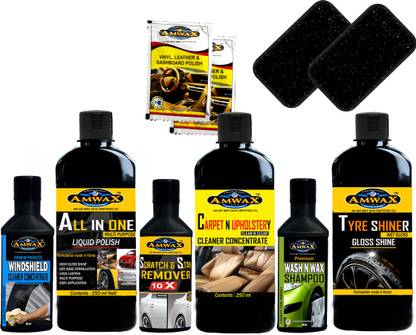 amwax Tyre Shiner 250 ML, All In One Polish 250 ML, Carpet & Upholstery Cleaner 250 ML, Wash & Wax 50 ML, Scratch & Stain Remover 50 ML, WindShield Cleaner 50 ML, Dashboard Polish 10 ML x 2 Pouch, Applicator Combo