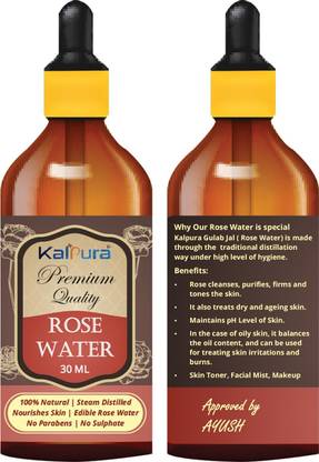 kalpura Rose Water Drops |100% Pure Steam Distilled | No Essence | No Artificial Fragrance | Soothing for Eye & Use as a Toner for Skin | 30ML Glass Bottle with Glass Droper