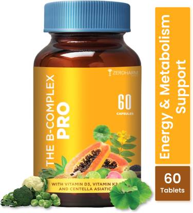 ZEROHARM B-Complex Pro - Vitamin B1, B6, B12 & D3 & K2 for Energy, Metabolism, Immunity