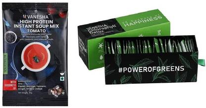 VANESHA High Protein Tomato Soup 20gm Each 15 Sachet with 30 Sachet of Chlorophyll Detox