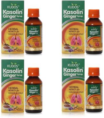KUDOS Kasolin Ginger Syrup 100 ml (Pack of 4) | Ayurvedic Medicine for Cough & Sore Throat Relief
