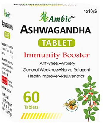 AMBIC Ashwagandha Tablets - 60 Tablets I General Wellness Pure Ashwagandha Tablets (500mg) I For Coping With Daily Life Stress & Anxiety - Acts As Nerves Relaxant