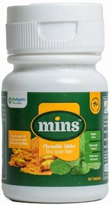 Mins Chewable Curcumin Tablets with Piperine, Cold, Cough, Sugar free, Green Bottle