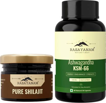 Rasayanam Ashwagandha KSM-66 (500 mg) and Pure Original Himalayan Shilajit Resin 20g Combo