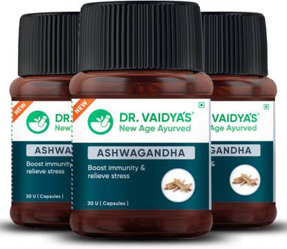 DR. VAIDYA'S Ashwagandha- Capsules for Strength and Power Booster, Anxiety and Stress Relief, Clinically Researched Ingredients, No side effects Pack Of 3 (30 Capsules Each)