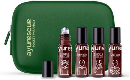 Ayurescue 4 Herbal Essential Oil Roll-Ons for Stress, Headache, Pain, Indigestion & Cold First Aid Kit