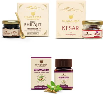 UPAKARMA Combo of Pure =Resin 15g, Ashwagandha 90 Capsules, and Kesar 1g