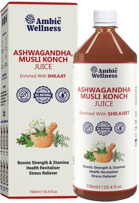 Ambic Wellness Ashwagandha Safed Musli Konch Beej Juice Enriched with Shilajit I Ayurvedic Juice for Vigor & Vitality I Relieves from Stress & Anxiety I No Added Sugar, 500ML