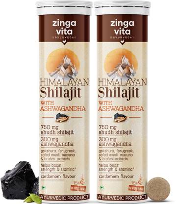 Zingavita 750mg Shilajit Effervescent Tablets for Strength, Cardamom Flavour 15X2