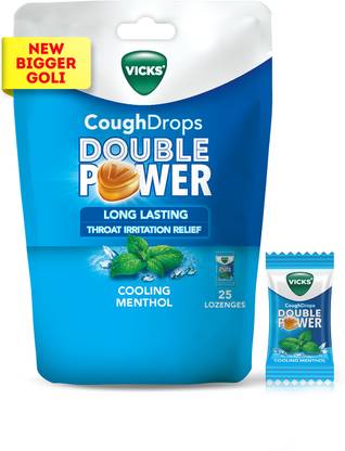 विक्स Cough Drops Double Power (Menthol). Bigger With 2X Ayurvedic Mix (25 Lozenges)