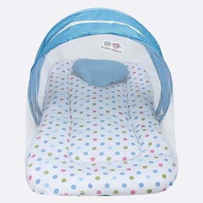 Superminis Multicolor Dot On White Base Design Bedding Set Thick Base, Foldable Mattress, Heart Shape Pillow And Zip Closure Mosquito Net (0-3 Months, Sky Blue) Standard Crib