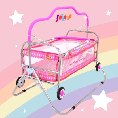 स्माइली बेल STEEL SWING JHULA FOR NEW BORN BABY TO 1 YEARS WITH WHEELS AND MOSQUITO NET BABY GIRL AND BABY BOY