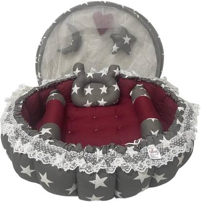 Fabrify Baby Bedding Set Cum Mattress With Mosquito Net and 3 Multi Shape Pillows Unique 0-12 Month