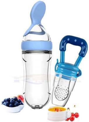 SuperStar Store Born Baby Feeding Bottle Silicone Feeding Spoon Feeder and Fruit feeder(blue)  - silicone