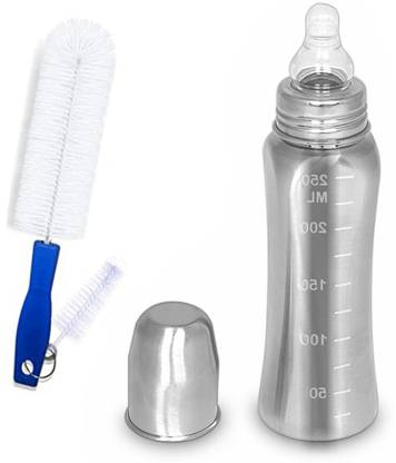 Prithi Home's and Kitchen SS 304 250 ml New born baby Feeding Bottle with ml Markings With Brush - 250 ml