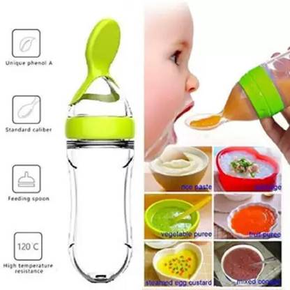 Swito Mart BABY SQUEEZE FOOD FEEDER BOTTLE WITH DISPENSING SPOON BPA FREE SILICONE - 90 ml