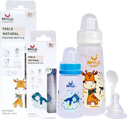 MYLO Baby Feeding Bottles for New Born Babies with Spoon | Anti Colic - (125+250ml) - 375 ml