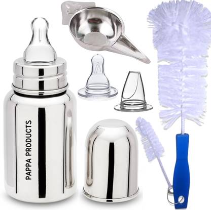 Pappa baby steel feeding bottle basic combo of Feeder, Sipper, Nipple & Brushes - 150 ml